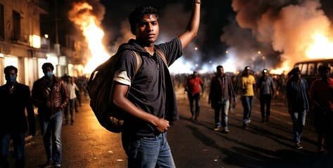 A furious protester raises his clenched fist amidst a fiery cityscape, expressing outrage over social issues