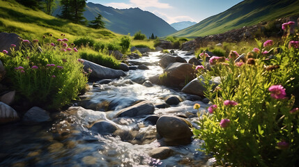 Present an image of stones surrounded by wildflowers near a mountain stream.