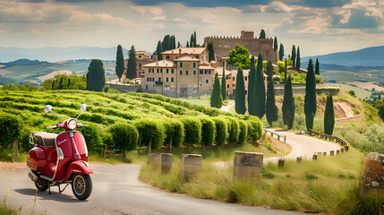 Exploring the Heart of Italy: Traverse Serene Villages on a Vintage Vespa, Soaking in the Vibrant Summer Background,  - obrazy, fototapety, plakaty