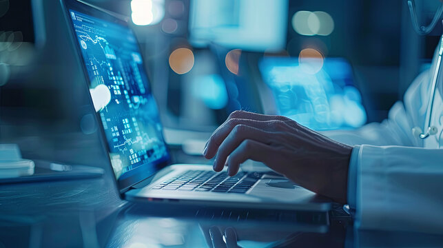 General practitioner providing telehealth services, displayed on a laptop screen, modern healthcare