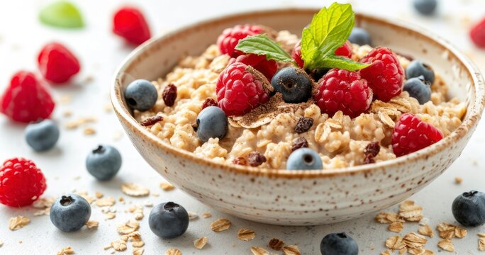 A Bowl of Delicious Oatmeal Enhanced with Fresh Berries, Against a White Setting