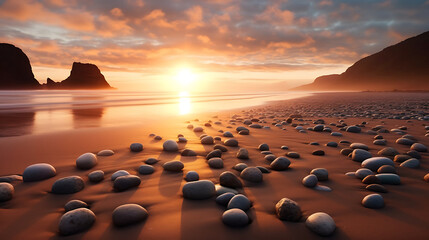 Present a breathtaking view of stones on a sandy beach during sunrise.