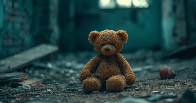 The Poignant Image of an Abandoned, Tattered Bear Toy Against a Bleak Setting