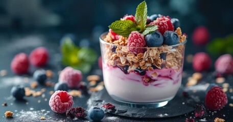 Homemade Delight - Crafting a Raspberry and Blueberry Yogurt Parfait with Crunchy Granola Topping