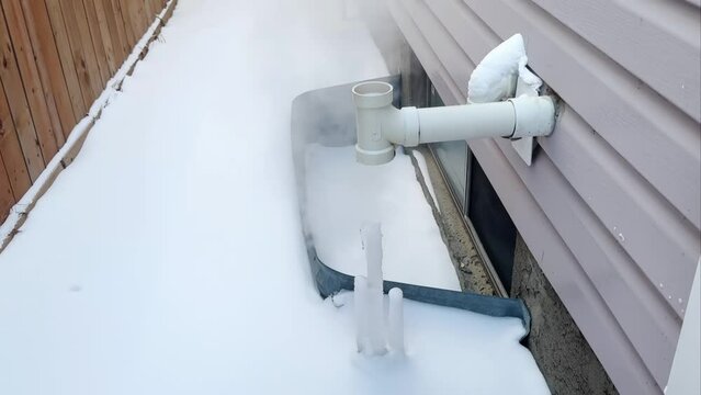 During an extreme cold snap, icicles have formed under the exhaust pipe of a high-efficacy house furnace.