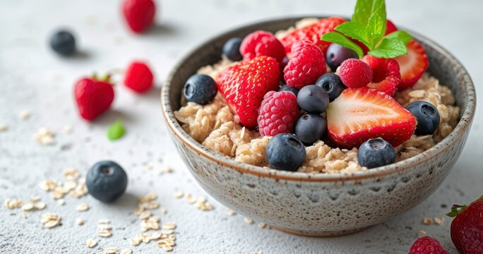 Tasty Oatmeal Adorned with Berries, Elegantly Served on a White Background