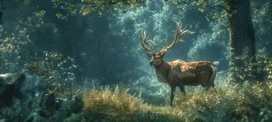 Fototapete A Dramatic Scene as a Reindeer Roams Through a Magical Jungle © lander