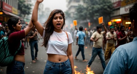 A young female protester raises her clenched fist amidst a fiery cityscape, expressing outrage over social issues