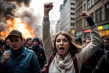 Obraz premium A young female protester raises her clenched fist amidst a fiery cityscape, expressing outrage over social issues