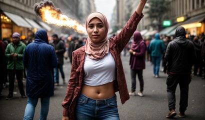 A young female protester raises her clenched fist amidst a fiery cityscape, expressing outrage over social issues
