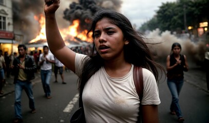 A young female protester raises her clenched fist amidst a fiery cityscape, expressing outrage over social issues