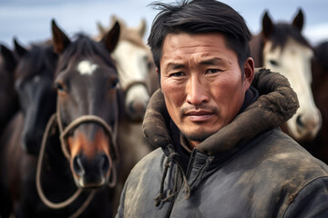 Mongolian man of 30-40 years old stands against the herd of grazing horses.