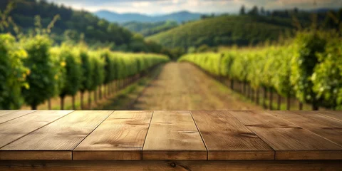 Foto op Plexiglas Empty wooden table with vineyard in background, great for product display © vectorize