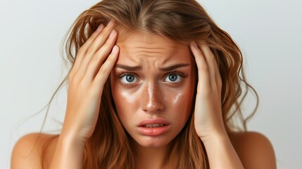 Obraz premium Woman clutches his head in despair,hands gripping head showing shocked, screaming, depressed expressions.