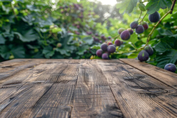 wooden table, boardwalk in the garden with figs. fruit mockup, background for the display of your product.