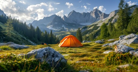 A Mountainous Tourist Camp with a Tranquil Tent Positioned Prominently in the Foreground - obrazy, fototapety, plakaty