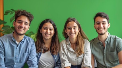 Four young entrepreneurs in a startup office with a green background. They are all looking at the camera with hopeful expressions - obrazy, fototapety, plakaty