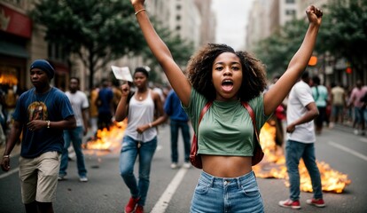 African American protesters ignite urban unrest, demanding social justice amidst blazing chaos - obrazy, fototapety, plakaty