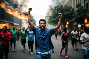 Fotobehang African American protesters ignite urban unrest, demanding social justice amidst blazing chaos © Portrait Studio