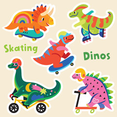 Sticker set with colourful cartoon dinosaurs ride on skates, rollers and bicycle - 744984567