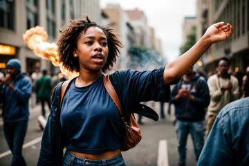 Foto op Canvas African American protesters ignite urban unrest, demanding social justice amidst blazing chaos © Portrait Studio