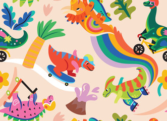 Seamless pattern. Colourful cartoon dinosaurs ride on skates, rollers and bicycle in the park - 744984735