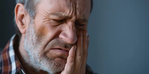 Fotobehang Adult man suffers acute toothache, periodontal disease, cavities or jaw pain almost crying with pain ache. Senior male pressing sore cheek on studio background © Valeriia