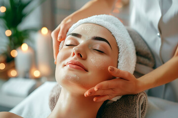 Woman Receiving a Facial Massage at luxury Spa salon in the tropical resort - 744984760