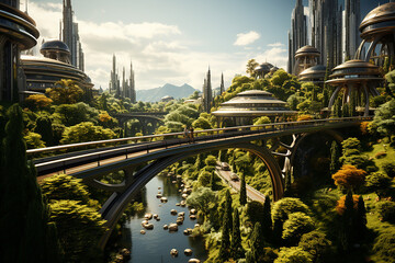 Futuristic city landscape with renewable energy sources,lush greenery and high-tech structures