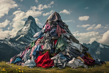 Mountain of Used Clothing stuck against the landscape, fast fashion and over production concept - 744984772