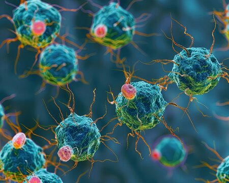 Elegant microscopic view of virus particles being targeted by antibodies, highlighting immunology progress