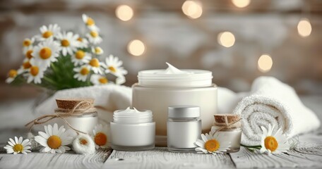 Fototapeta na wymiar Soothing Skincare Symphony - An Artful Array of Products Amidst Chamomile Blooms on a Wooden Table