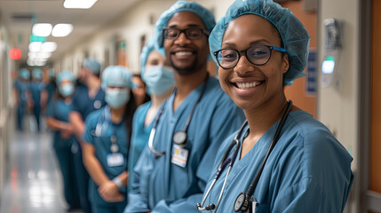 Smiling medical staff in action-ready scrubs, together in a well-lit corridor, reflecting a commitment to care and cooperation