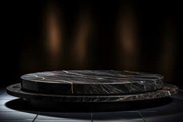 Obraz premium Product display, empty Black Marble podium display stand for product display against a backdrop of black rock boulder.
