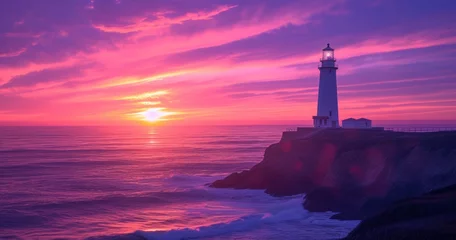 Zelfklevend Fotobehang A Coastal Lighthouse Stands Majestically on Rugged Cliffs Against the Sunset Silhouette © lander