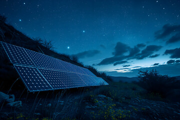 photovoltaic solar panels at starry summer night - obrazy, fototapety, plakaty