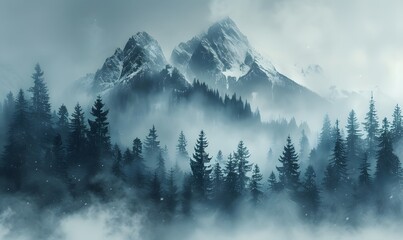 Beautiful nature landscape with mountains and pine tree, in winter, generated by AI