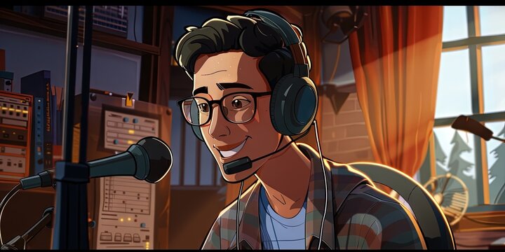 Podcaster in modern animation stile with cel shading