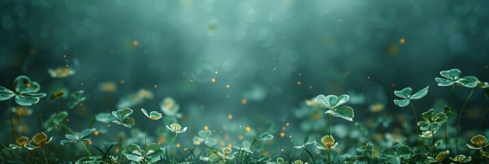 A serene and mystical depiction of a field of clover leaves shimmering with an ethereal glow in a tranquil setting.
