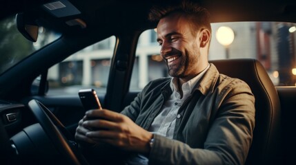 A Happy Smiling Man Uses A Smartphone, Watches Video Jokes, Types A Message, Talks via Video Chat While Sitting in The Car. Modern Technologies, New Applications of the concept.