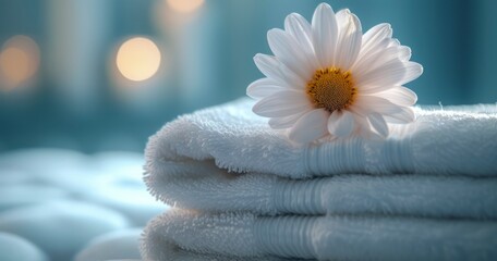 A Fresh Flower Lies on a Stack of Fluffy Towels in a Peaceful Hotel Room - obrazy, fototapety, plakaty