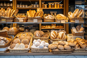 A wide shot of a bakery display case filled with fresh bread. The bread is arranged in baskets and on shelves