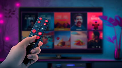 Tv online. Television streaming video. Male hand holding TV remote control. Multimedia streaming concept. Video service with internet streaming multimedia shows, series.