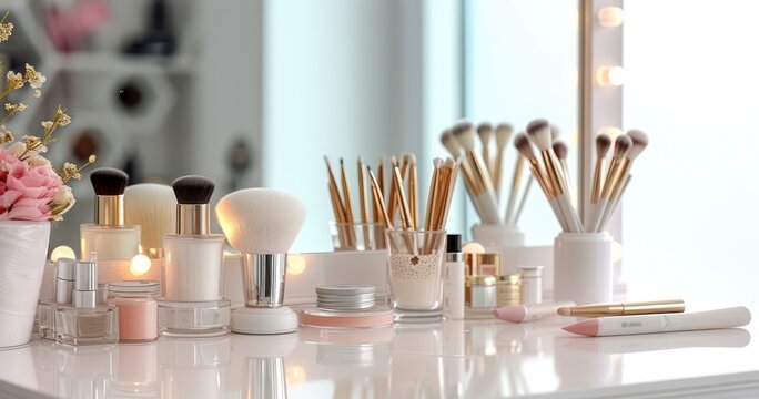 Elegance at Your Fingertips - A Complete Cosmetic Set on a Brightly Lit Dressing Table