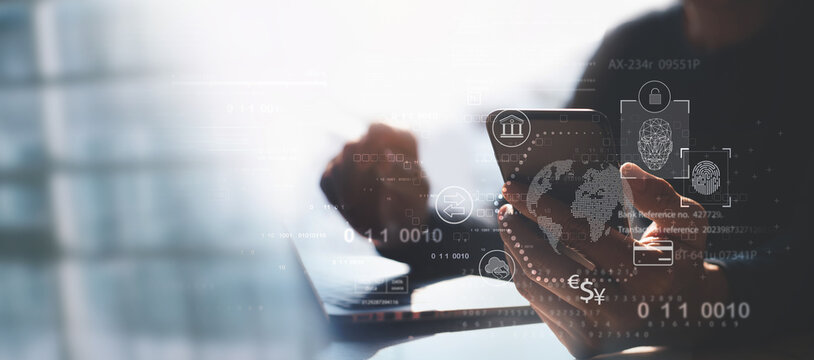 Cyber security, online banking, data protection. Businessman using fingerprint identity and face id to access personal financial data, biometrics security on mobile banking app, innovation technology