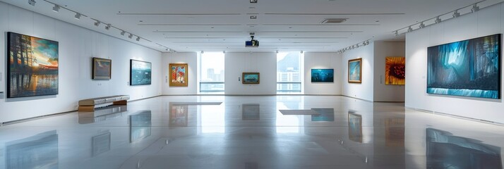 Elegance in Simplicity, Art Gallery adorned with Beautiful Paintings against Minimalist White Walls