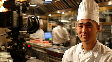 Chef in a professional kitchen with a camera set up for filming.