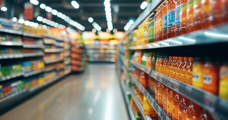 A Softly Blurred Interior View of a Supermarket's Well-Stocked Shelves - obrazy, fototapety, plakaty