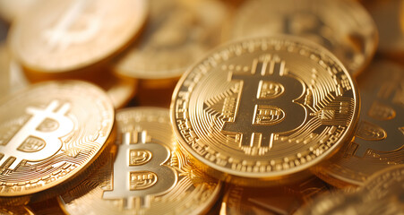 Golden bitcoin shiners closeup full-frame background.
