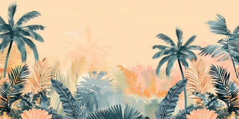 Fototapeta na wymiar Tropical Retreat, Palm Trees in Muted Earth Tones with Textured Detailing, Emanating Vacation Vibes